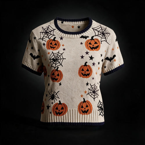 Women's Halloween Pumpkin & Spiderweb Cropped Sweater